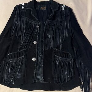 Scully Whip Stitch Black Suede Fringe Coat Jacket Beaded